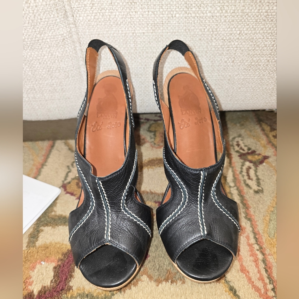 LANVIN PARIS Wood Platform Black Leather Heels Sandals Slingback Peep Toe 39, 9